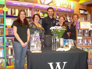 Rachel with the wonderful booksellers at Waterstone's, Boston