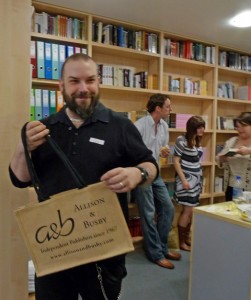 Jayson (Waterstone's Greenwich) chuffed with his A&B goody bag (including